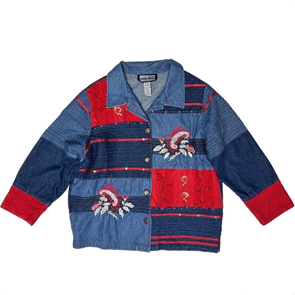 Indigo Moon Large Denim Jacket Patchwork Beaded F… - image 5